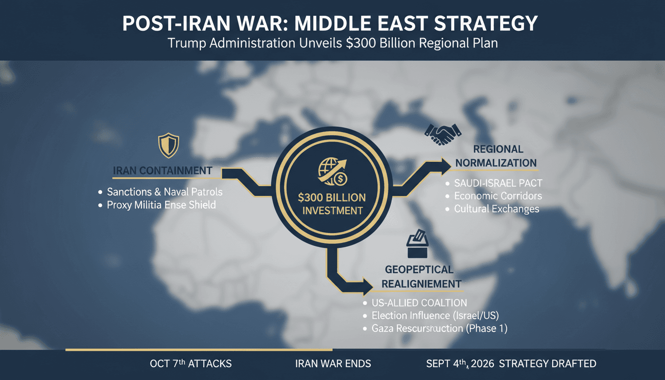 Infographic showing the $300 billion investment and key elements of the Trump administration's Middle East strategy.