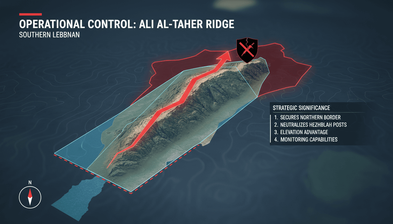 Map highlighting the strategic Ali al-Taher ridge in Lebanon, showing its elevation and proximity to Israel.