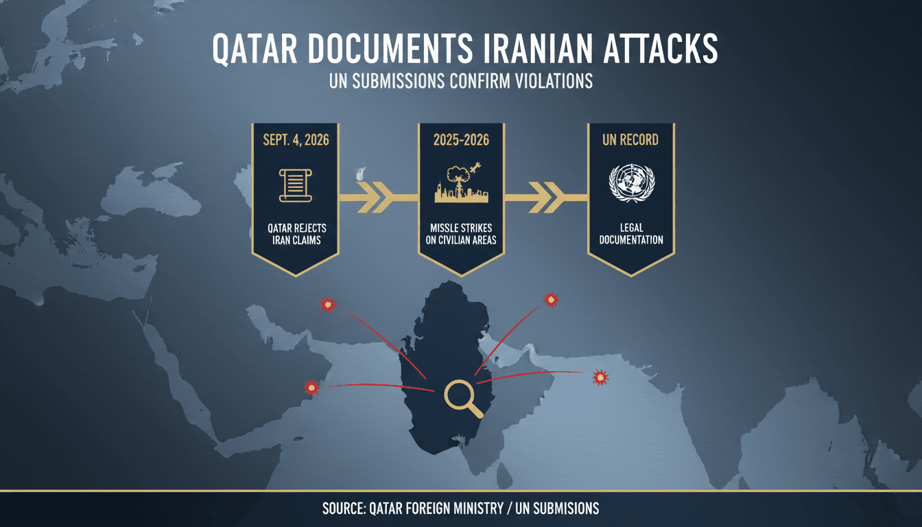 Infographic detailing Qatar's response to Iranian missile strikes and the documented impacts on civilians.