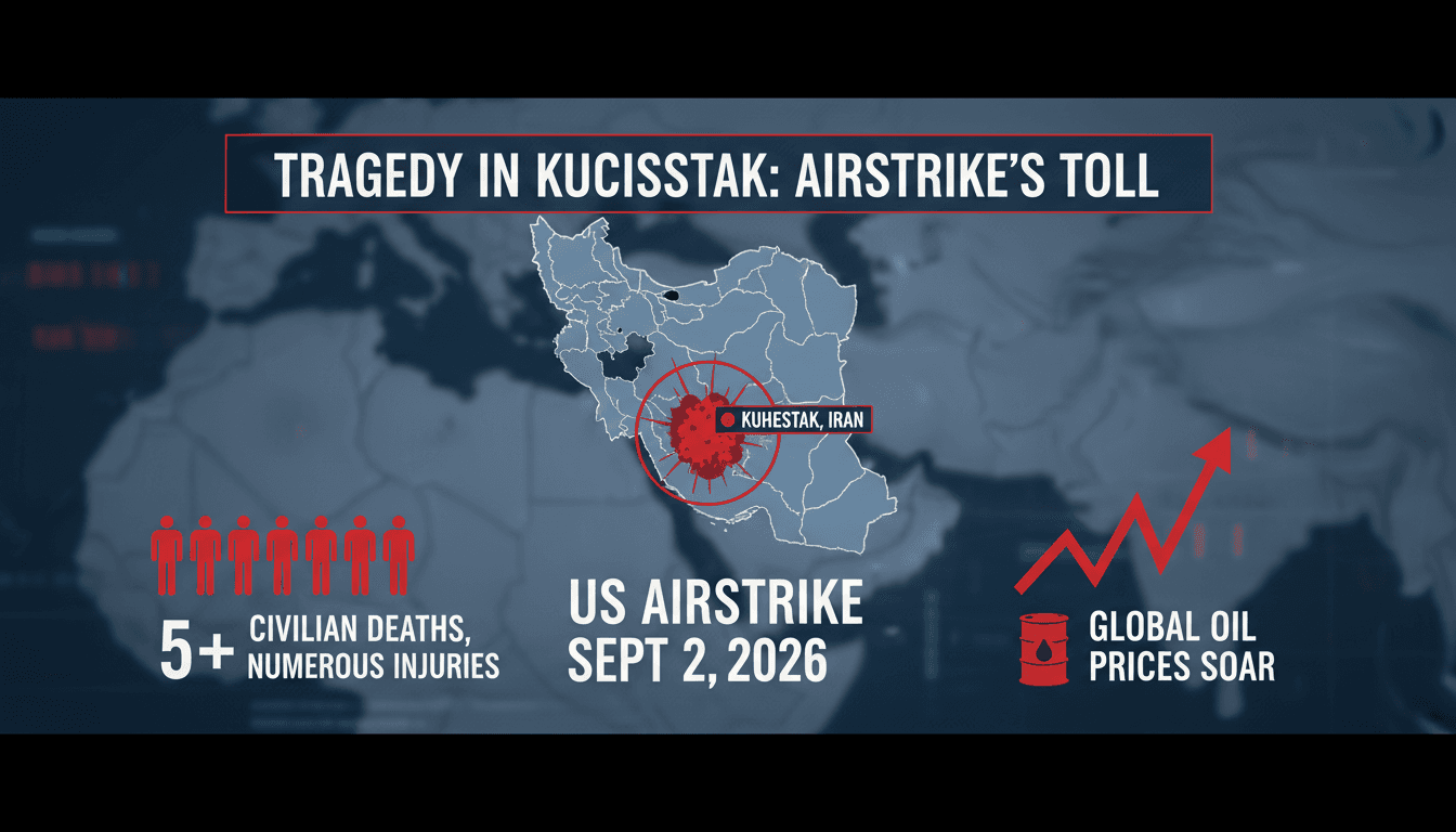 Infographic detailing the US airstrike on an Iranian wedding, including casualty figures and oil price impacts.