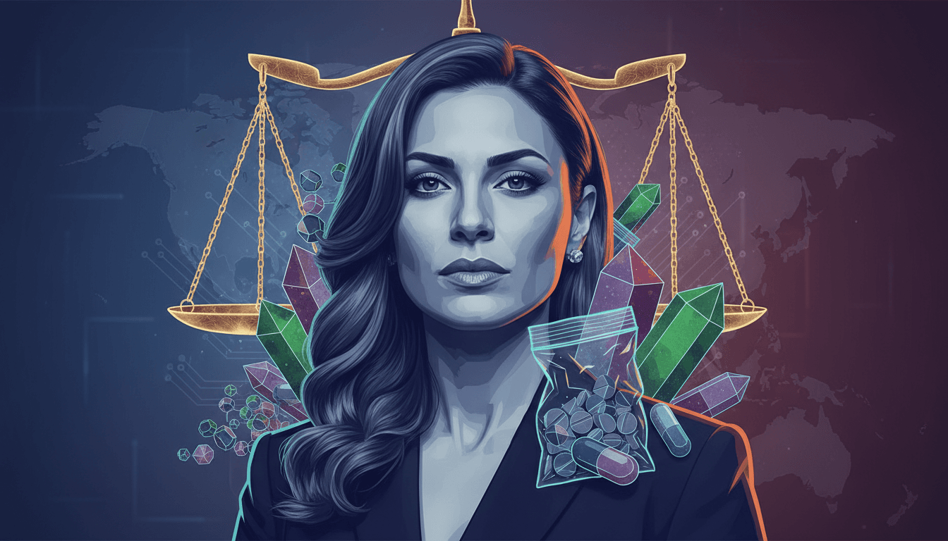 Sarah Khalifa in court with legal scales and narcotics, highlighting her sentencing in a major drug trafficking case.