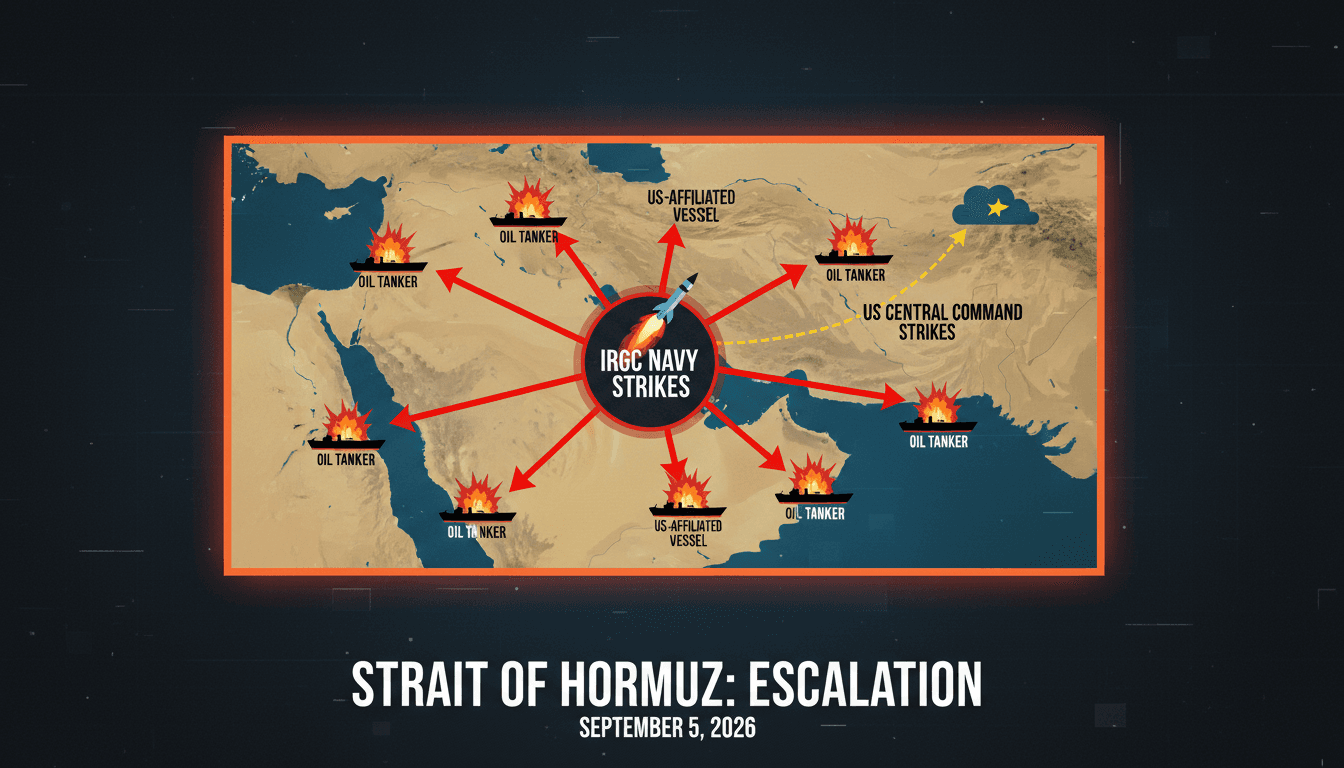 Map of the Strait of Hormuz showing recent IRGC Navy strikes on vessels and shipping routes.