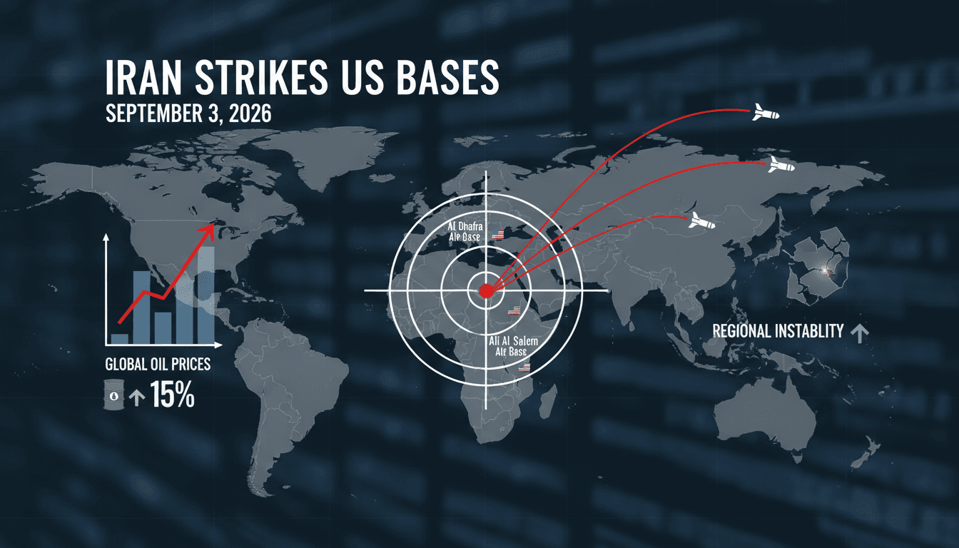Map showing missile strikes on US air bases in Kuwait and UAE, highlighting regional tensions and oil price impacts.