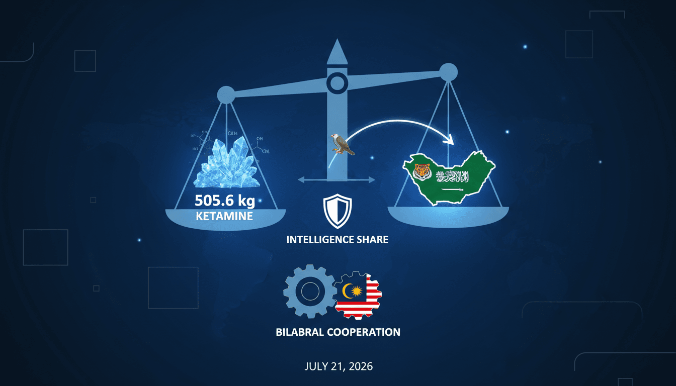 Infographic detailing the 505.6 kg ketamine seizure in Malaysia with Saudi intelligence involvement.