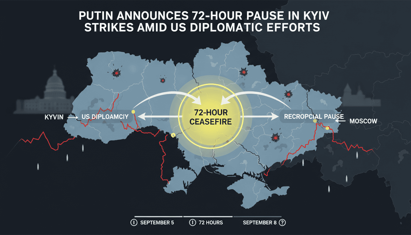 Infographic illustrating Putin's pause in Kyiv strikes and the ongoing conflict front lines in Ukraine.