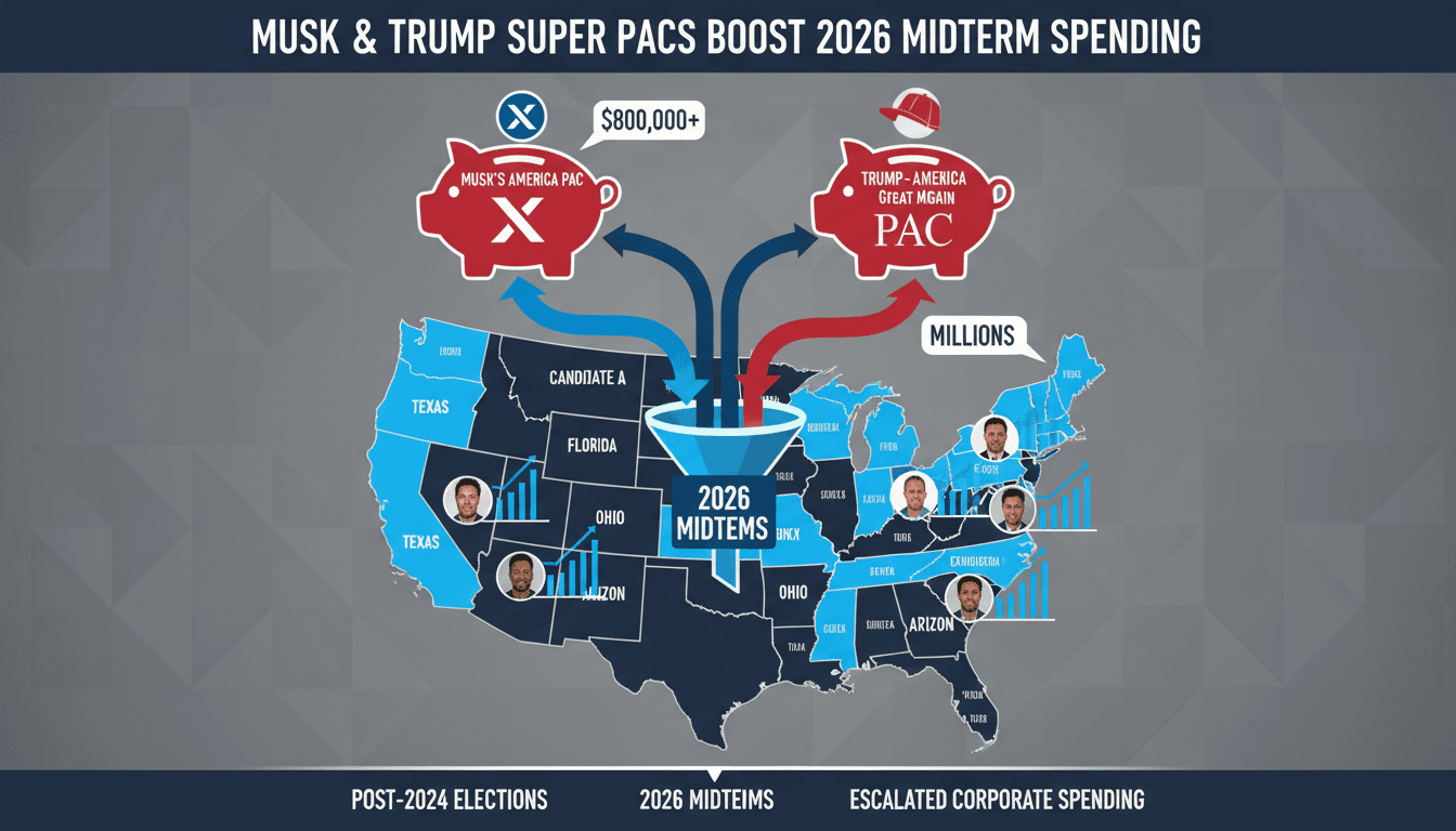 Infographic showing the flow of super PAC funding from Musk and Trump to key congressional races in the 2026 midterms.
