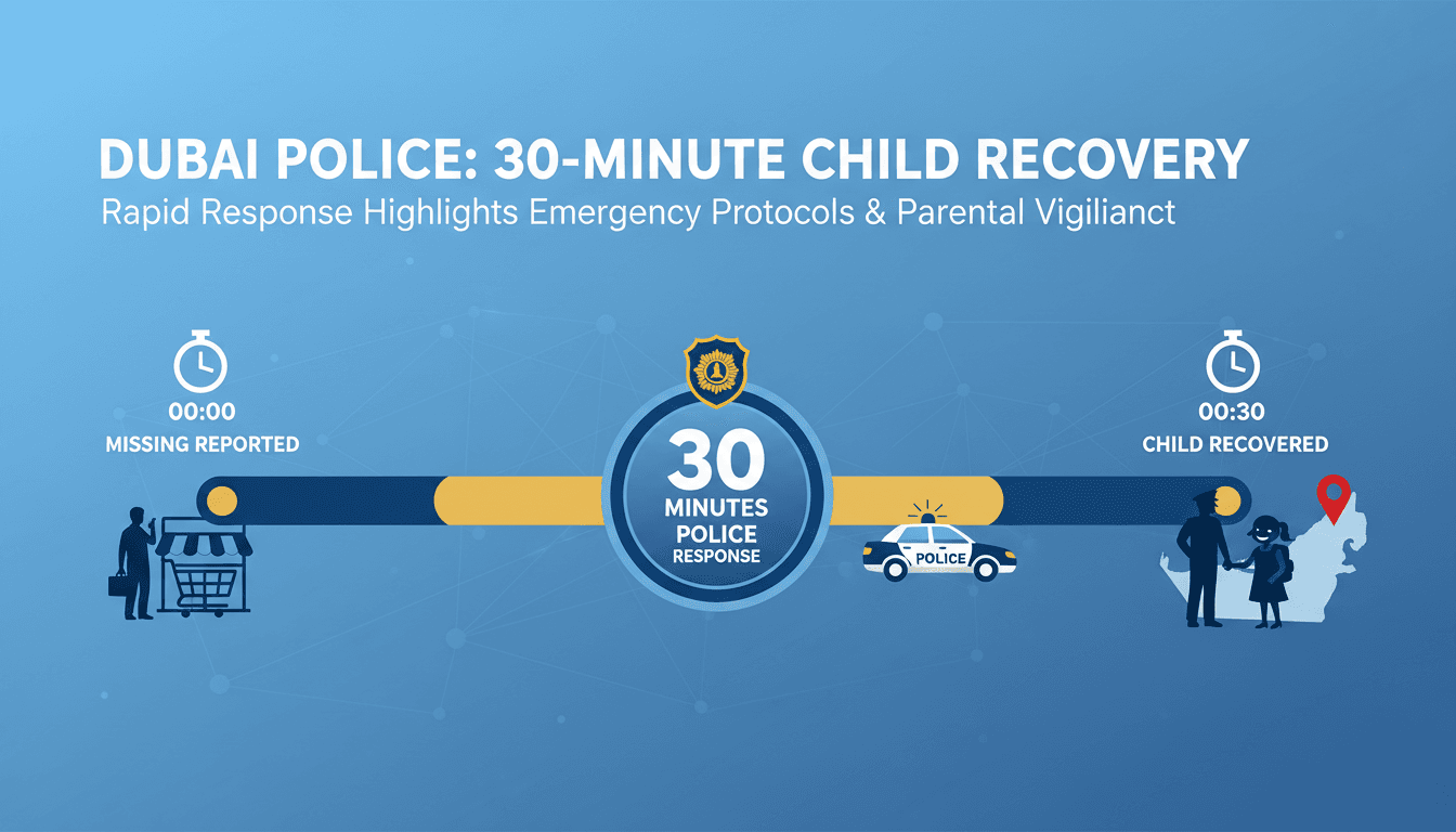 A graphic showing the rapid recovery of a lost child by Dubai Police, emphasizing community safety and emergency response.