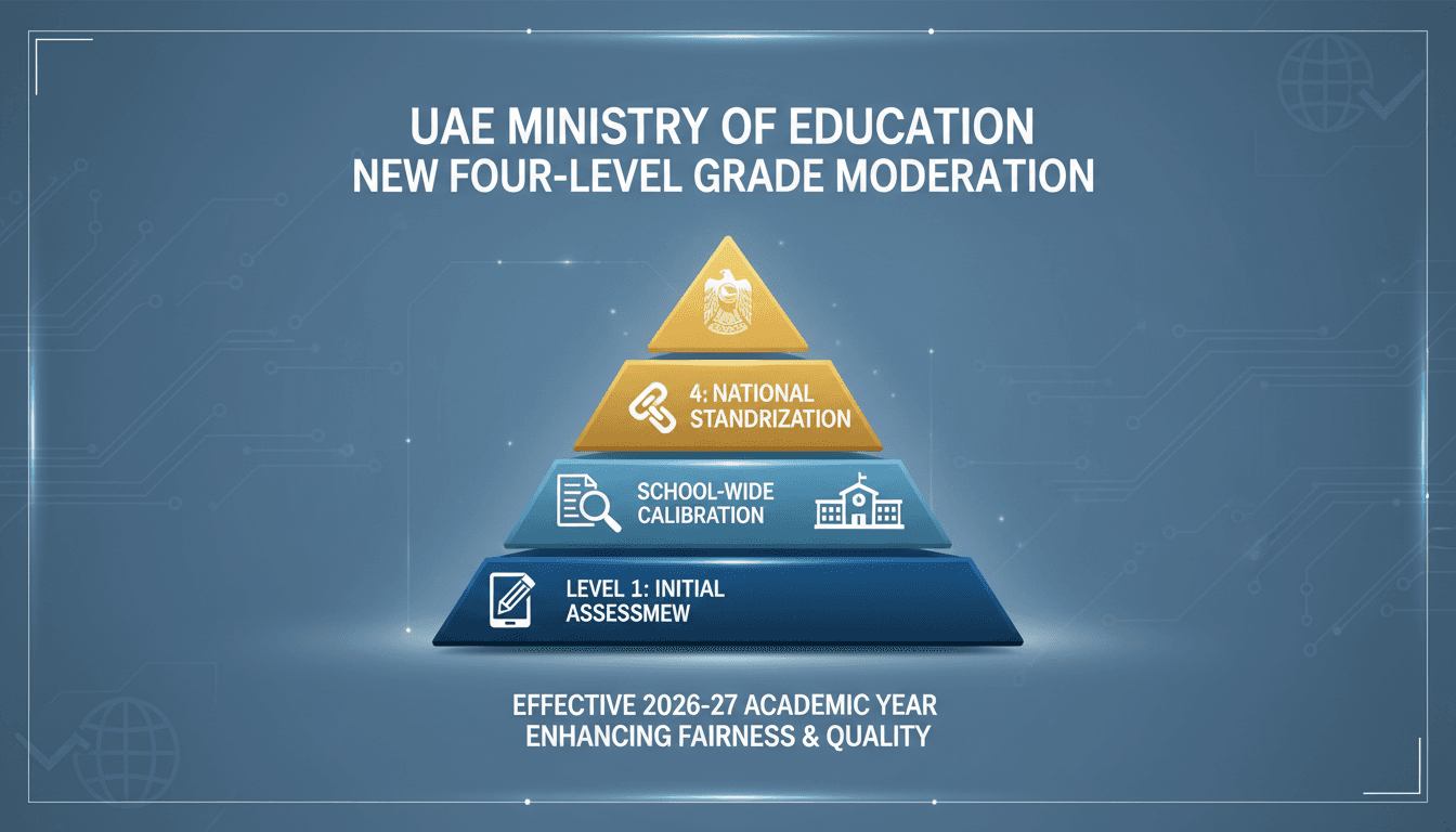 Infographic showing the four-level grade moderation system introduced by the UAE Ministry of Education.