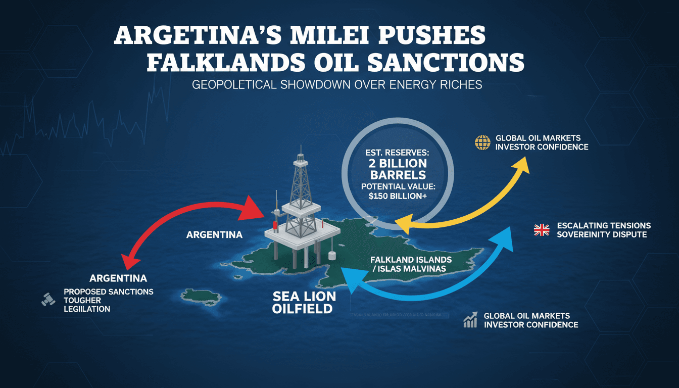 Infographic illustrating the Sea Lion oilfield's reserves and Argentina's proposed sanctions against oil companies.
