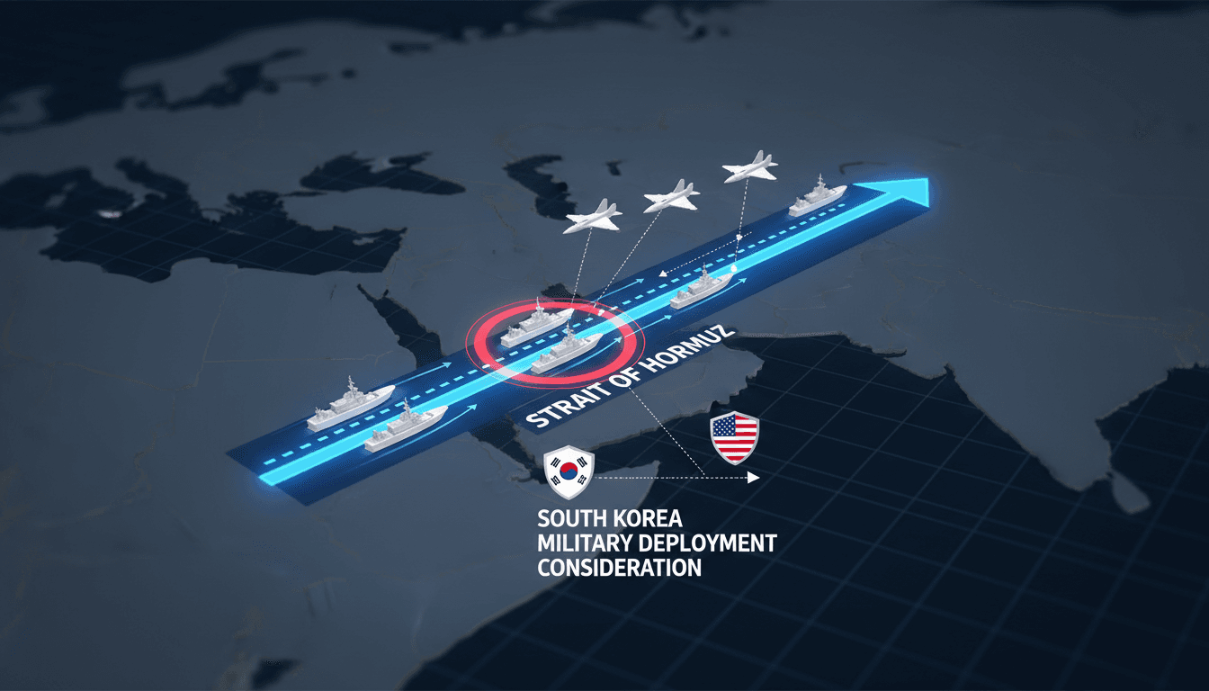 A map of the Strait of Hormuz showing military assets and shipping routes, highlighting South Korea's potential involvement.