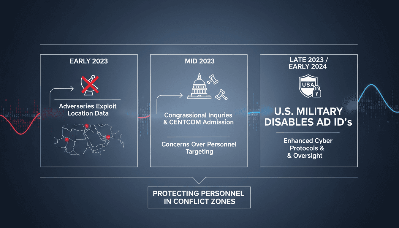 Infographic showing timeline of U.S. military actions on advertising identifiers and location data security.
