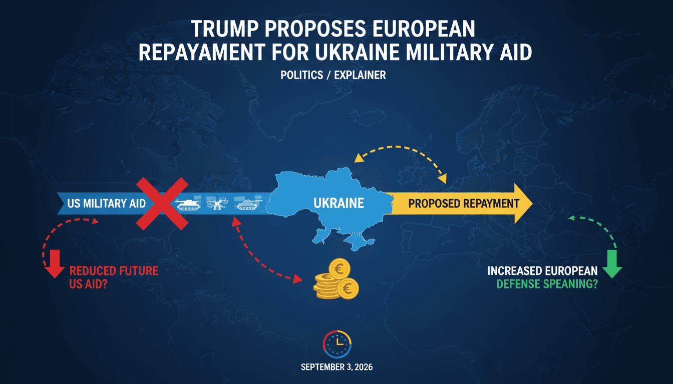 Infographic showing military aid flow from the US to Ukraine and proposed repayment dynamics with Europe.