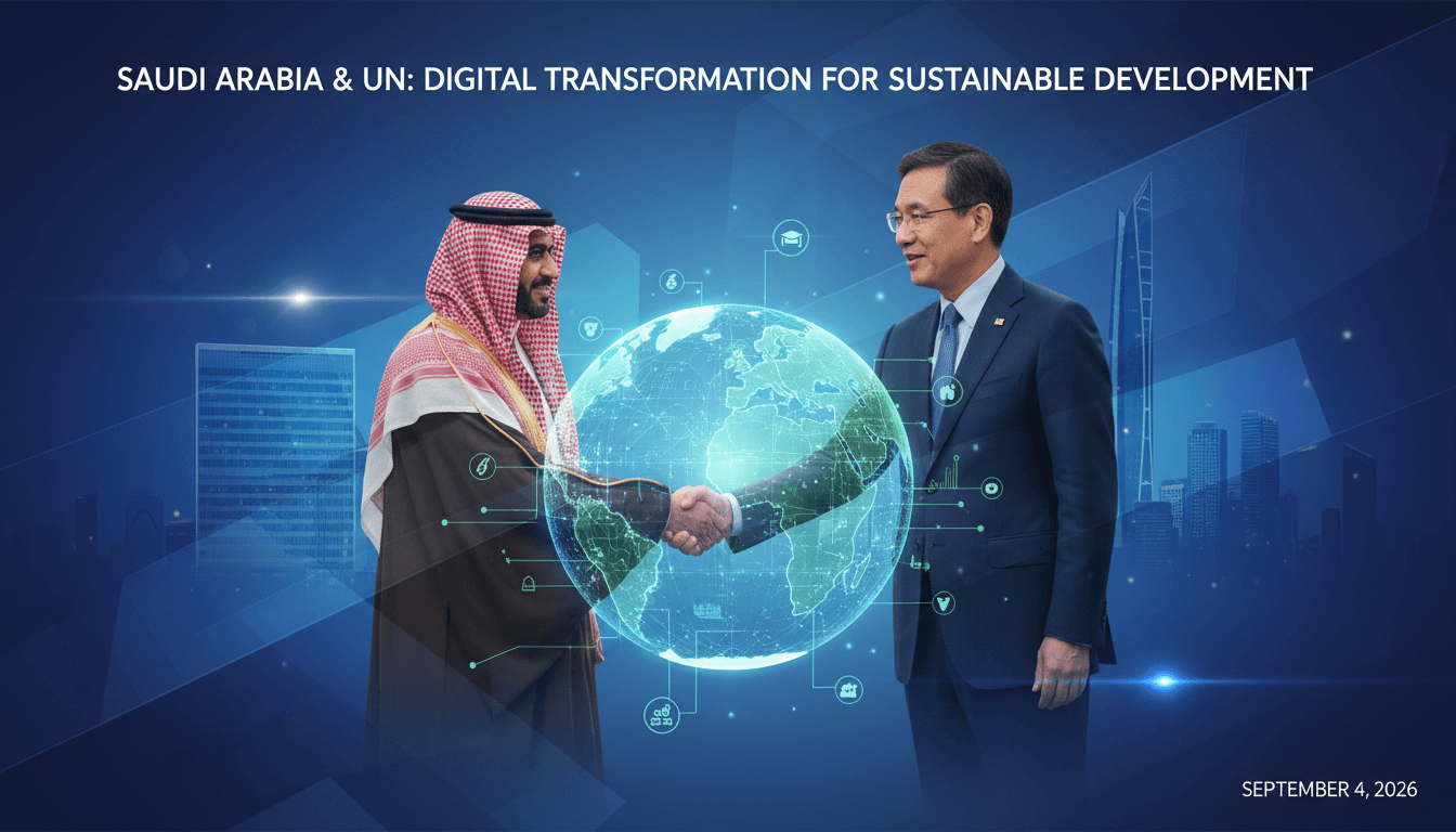 Saudi Minister Abdullah bin Amer Al-Swaha and UN Under-Secretary-General Li Junhua discussing digital transformation and sustainable development.