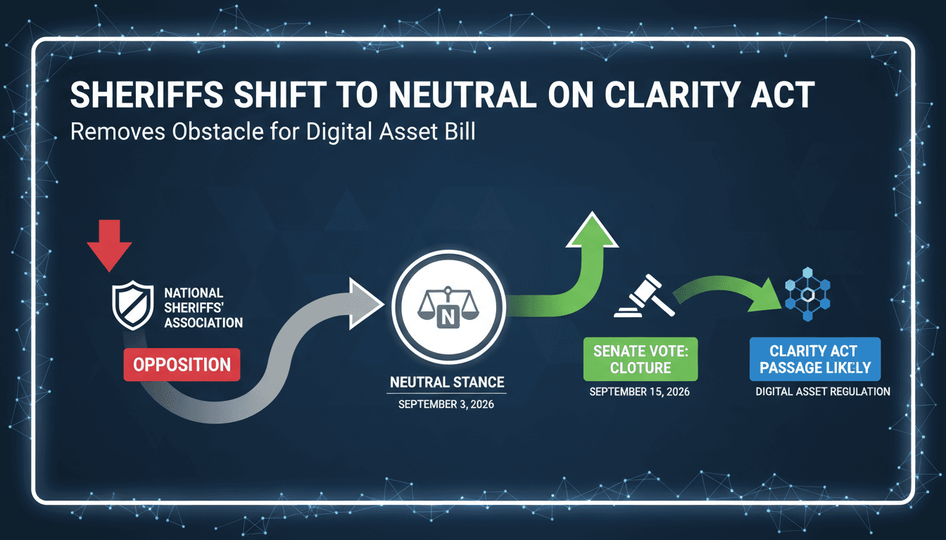 Infographic illustrating the National Sheriffs’ Association's neutral stance on the CLARITY Act and its impact on digital asset regulation.