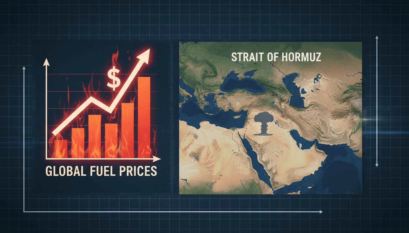 A graphic illustrating rising fuel prices and the geopolitical significance of the Strait of Hormuz.