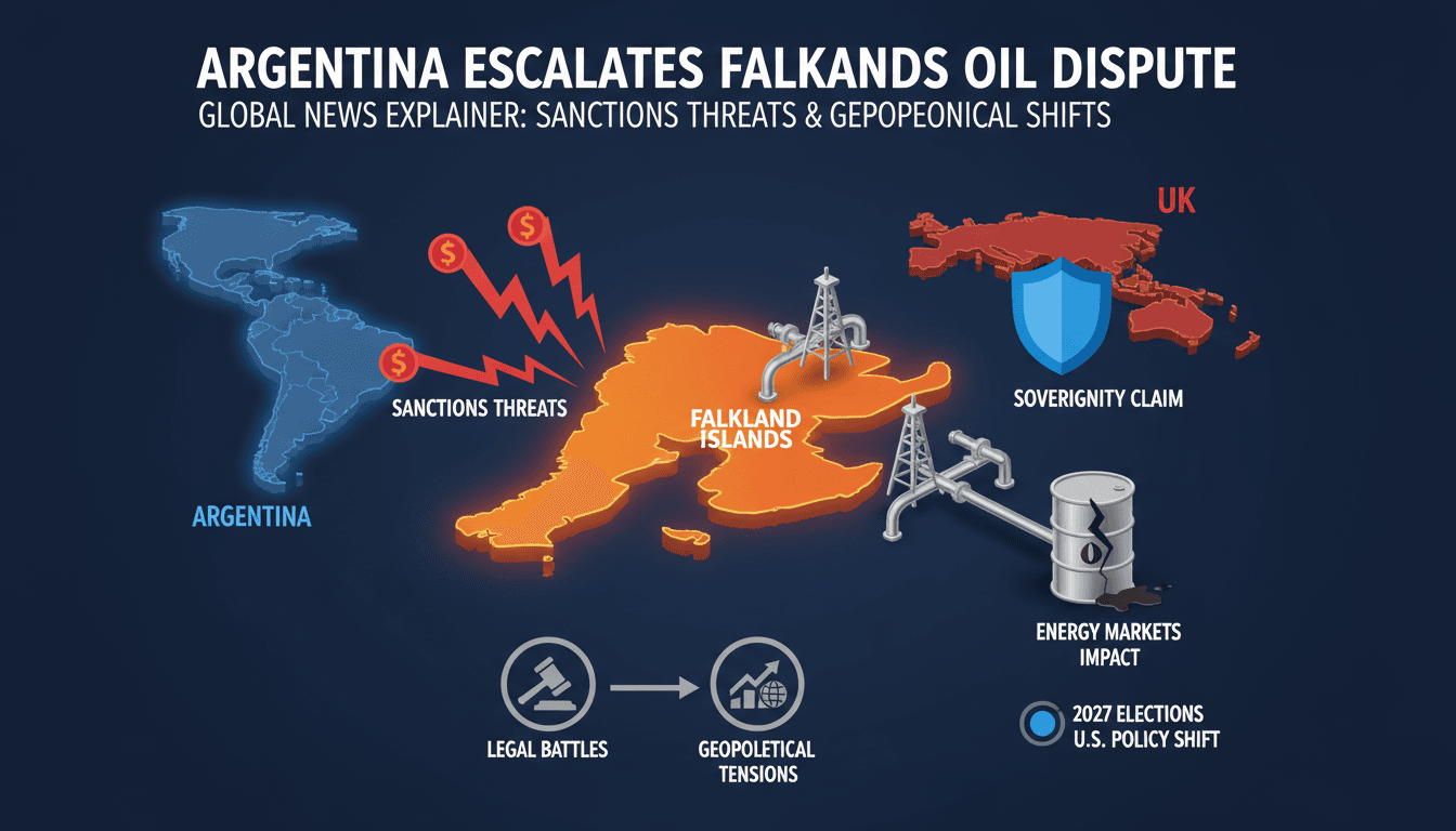 An infographic showing the geopolitical tensions surrounding Argentina's Falklands sovereignty claim and its impact on oil exploration.