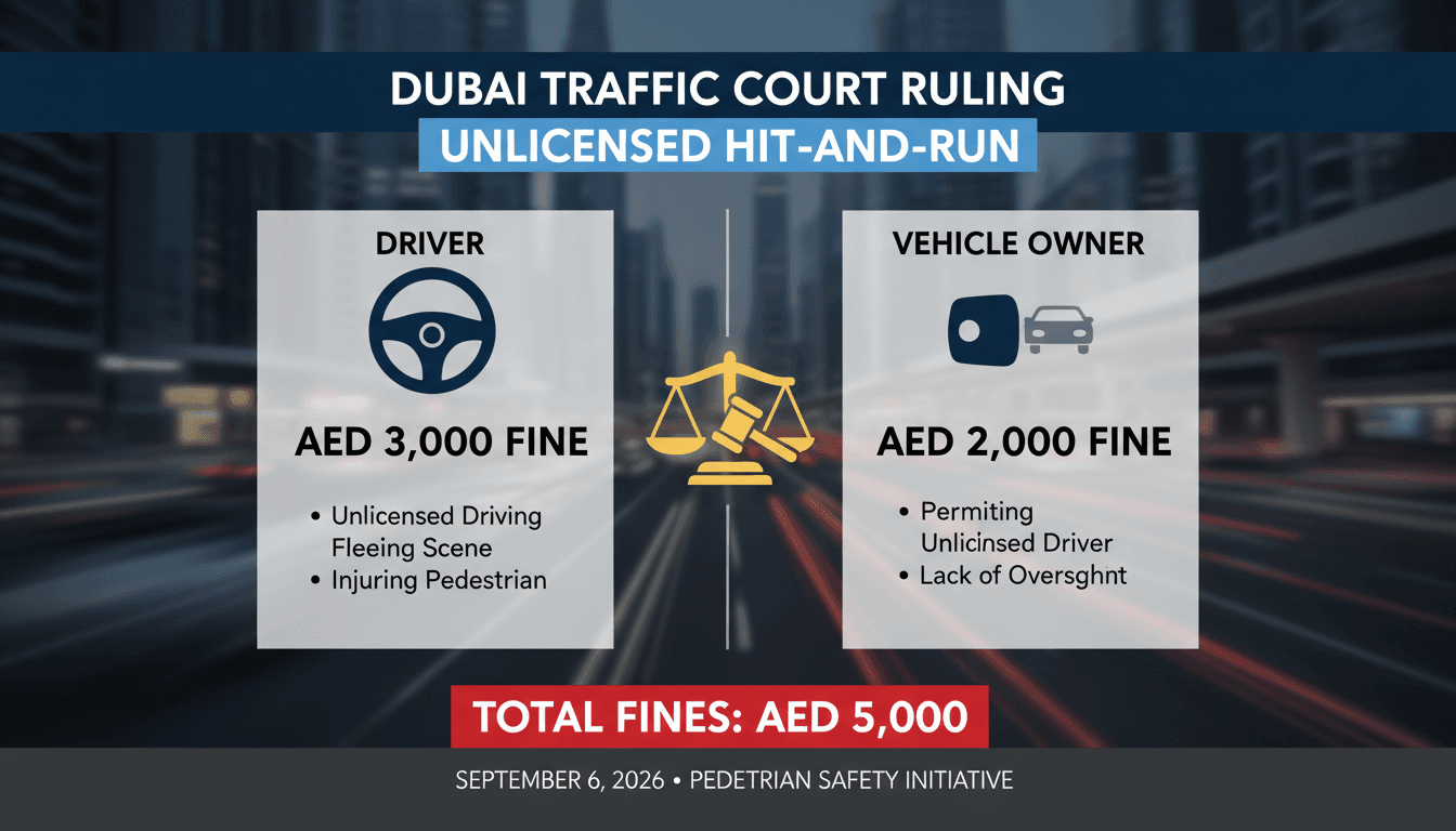Infographic detailing the AED 5,000 fine for an unlicensed driver in Dubai's traffic court case.