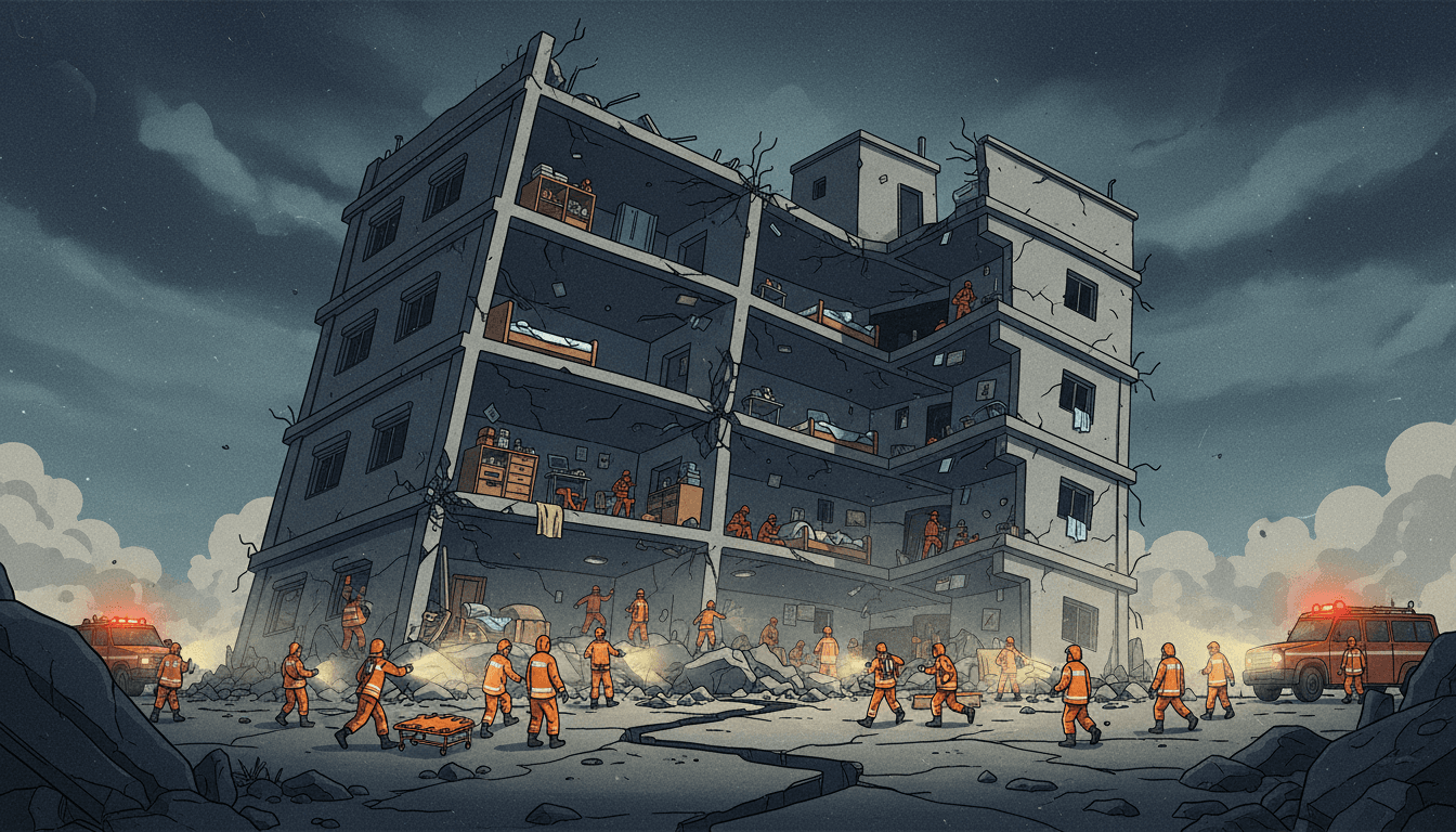 Emergency responders at the site of the New Delhi building collapse, highlighting safety concerns in student housing.
