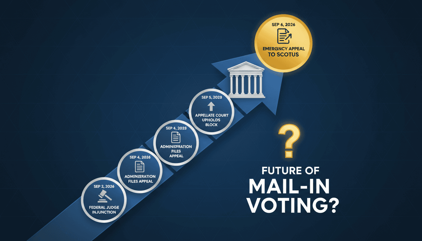 A graphic showing the timeline of the Trump administration's legal appeals regarding mail-in voting.