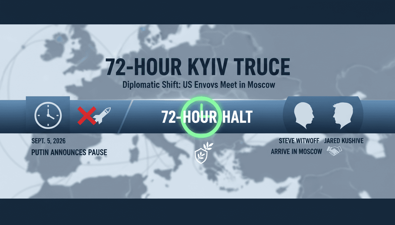 A visual representation of the 72-hour pause in strikes on Kyiv, featuring key diplomatic figures and timelines.