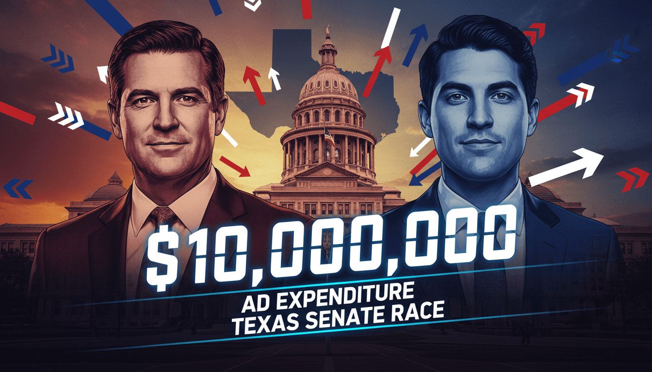 A graphic illustrating MAGA Inc.'s $10 million ad expenditure in the Texas Senate race, featuring key political figures.