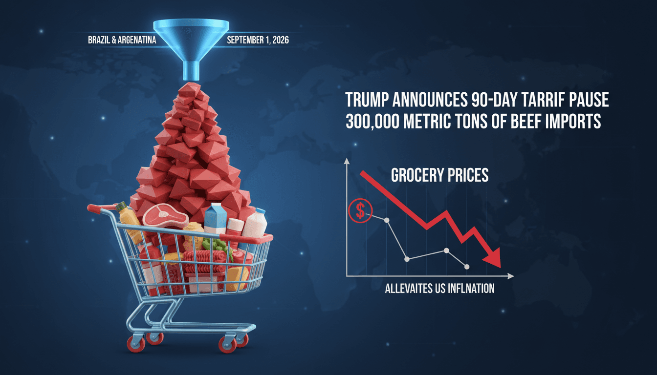 Infographic illustrating the 300,000 metric tons of beef trimmings allowed under the tariff pause and its impact on grocery prices.