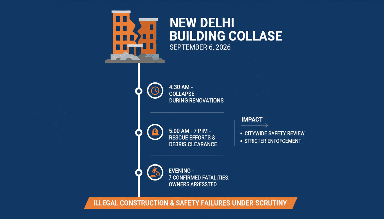 Rescue operations at the site of the New Delhi PG building collapse, highlighting safety concerns in student housing.