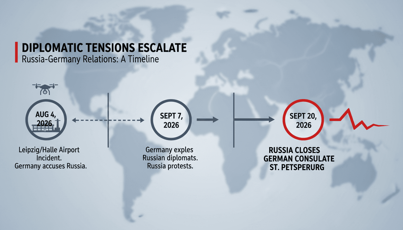 A graphic illustrating the closure of the German consulate in St. Petersburg amid rising diplomatic tensions between Russia and Germany.