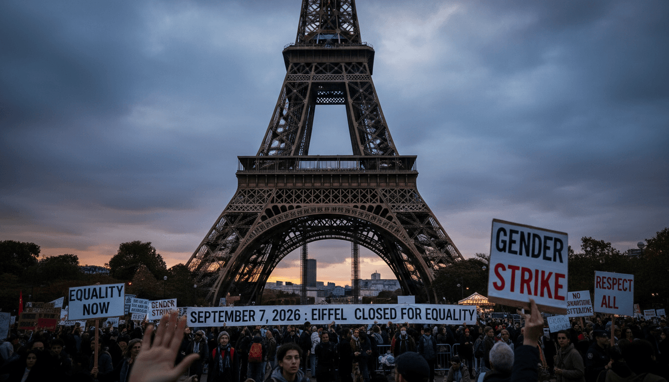 Protest signs for gender equality in front of the Eiffel Tower during a staff strike.