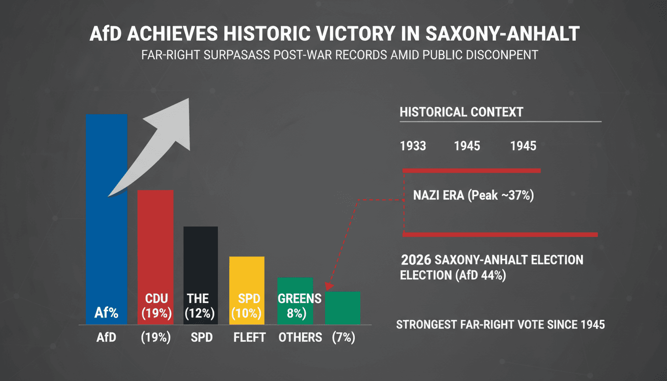 Infographic showing AfD's historic vote share in Saxony-Anhalt election, highlighting its significance in German politics.