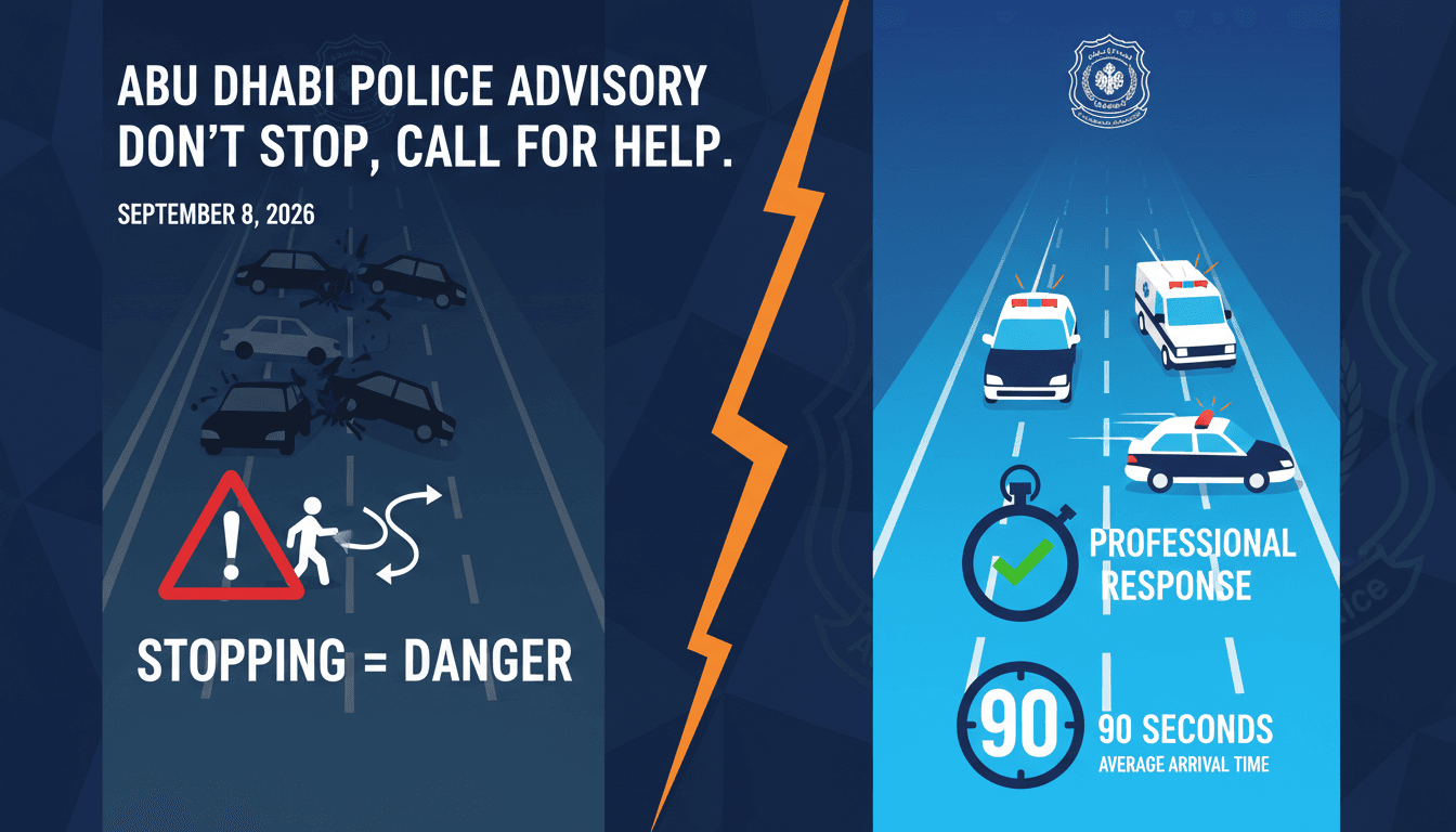 Infographic showing the dangers of stopping on highways and police response times in Abu Dhabi.