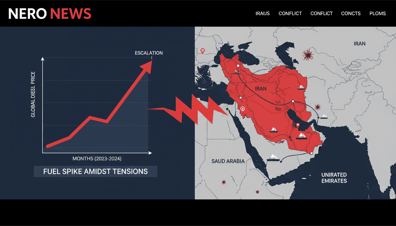 Map of the Strait of Hormuz showing conflict zones and rising diesel prices due to tensions.