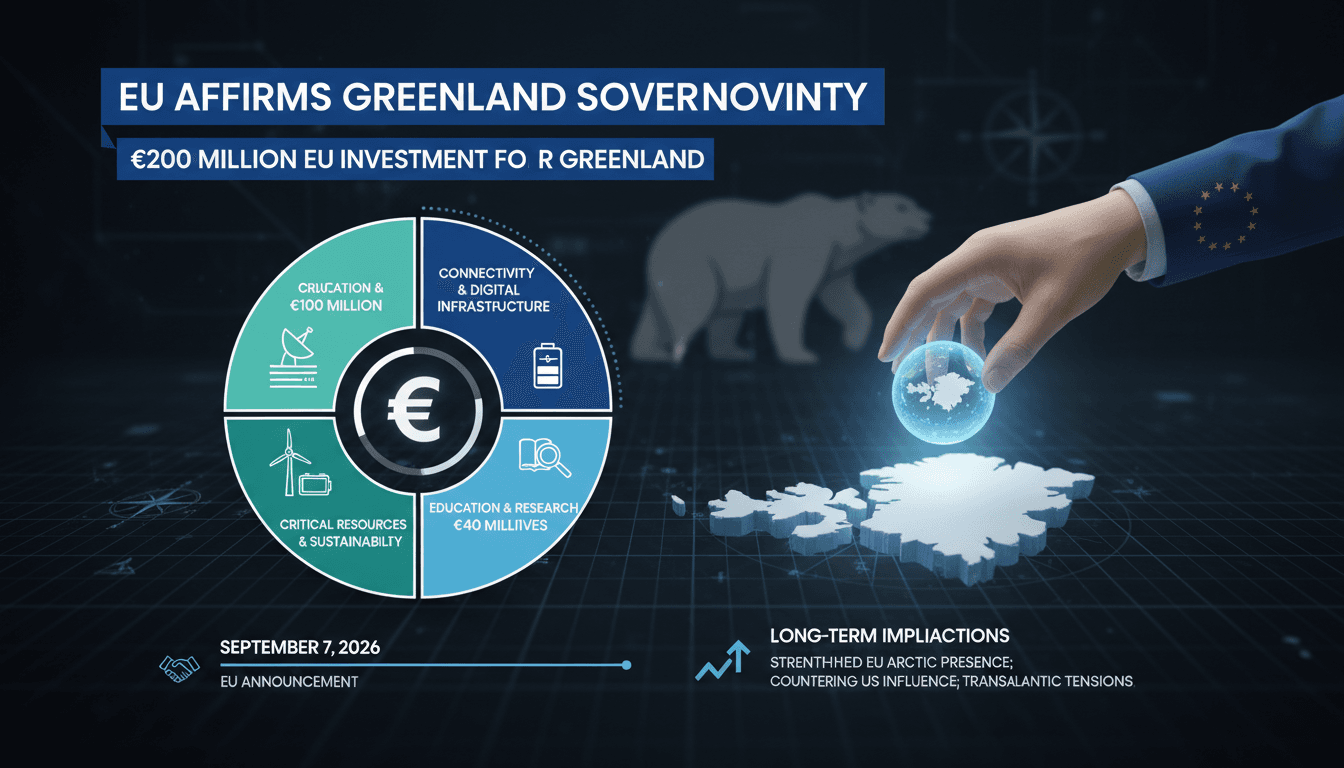 Ursula von der Leyen in Nuuk, Greenland, announcing the €200 million investment package for connectivity and resources.