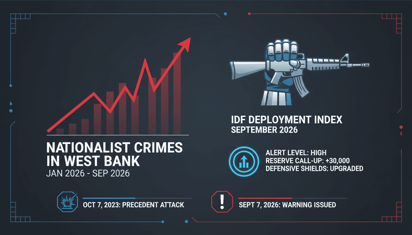 Infographic showing the rise in nationalist crimes in the West Bank and military readiness statistics.