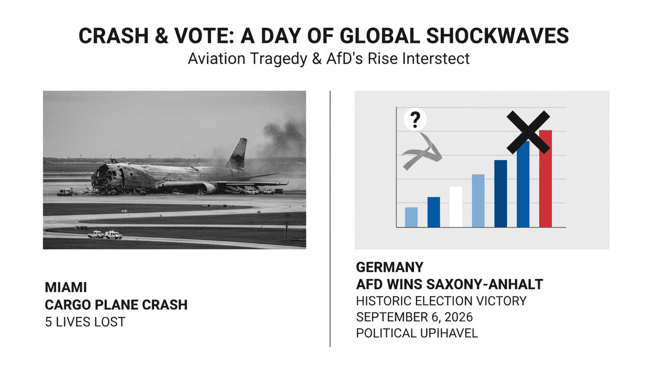 Infographic depicting the Miami airport crash site and AfD election results, highlighting aviation safety and political shifts.