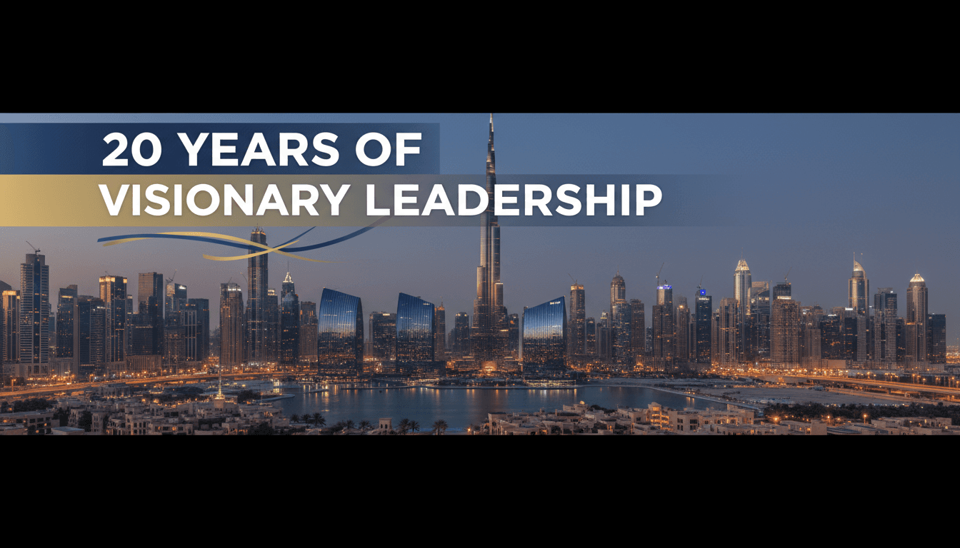A vibrant skyline of Dubai with the text "20 Years of Visionary Leadership" highlighting Sheikh Hamdan's impact.