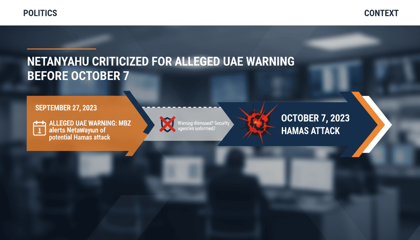A timeline graphic illustrating the alleged UAE warning to Netanyahu before the October 7 Hamas attack.