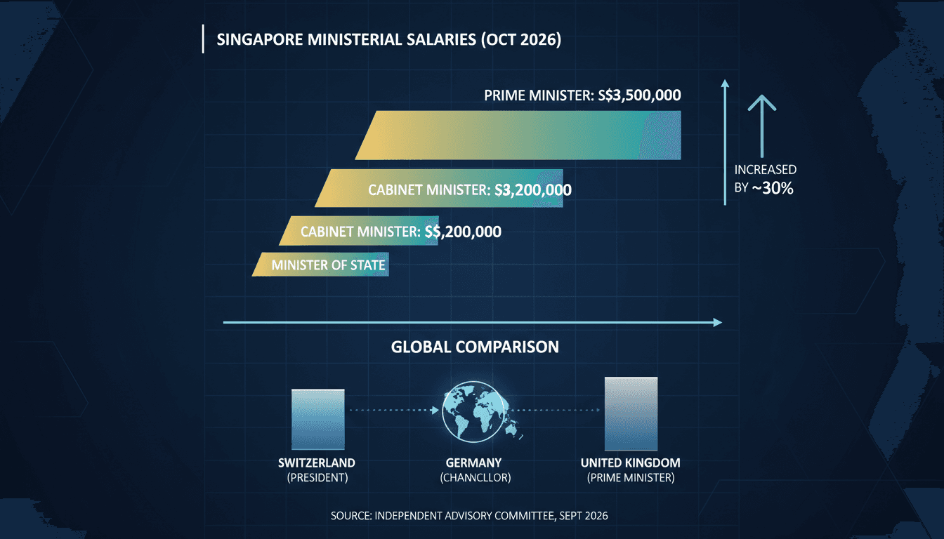 Infographic showing Singapore's new ministerial salary benchmarks compared to global standards.