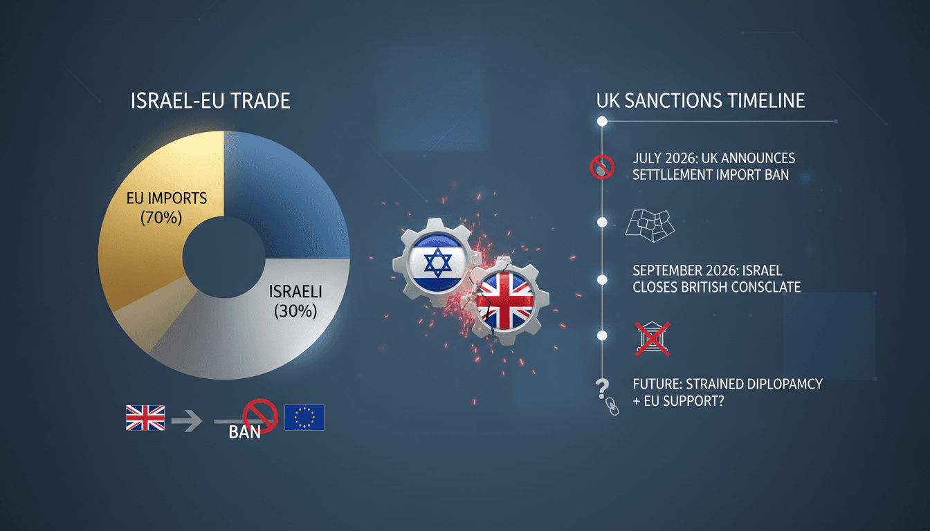 Infographic showing Israel's trade with the EU and the timeline of UK sanctions against Israeli settlements.