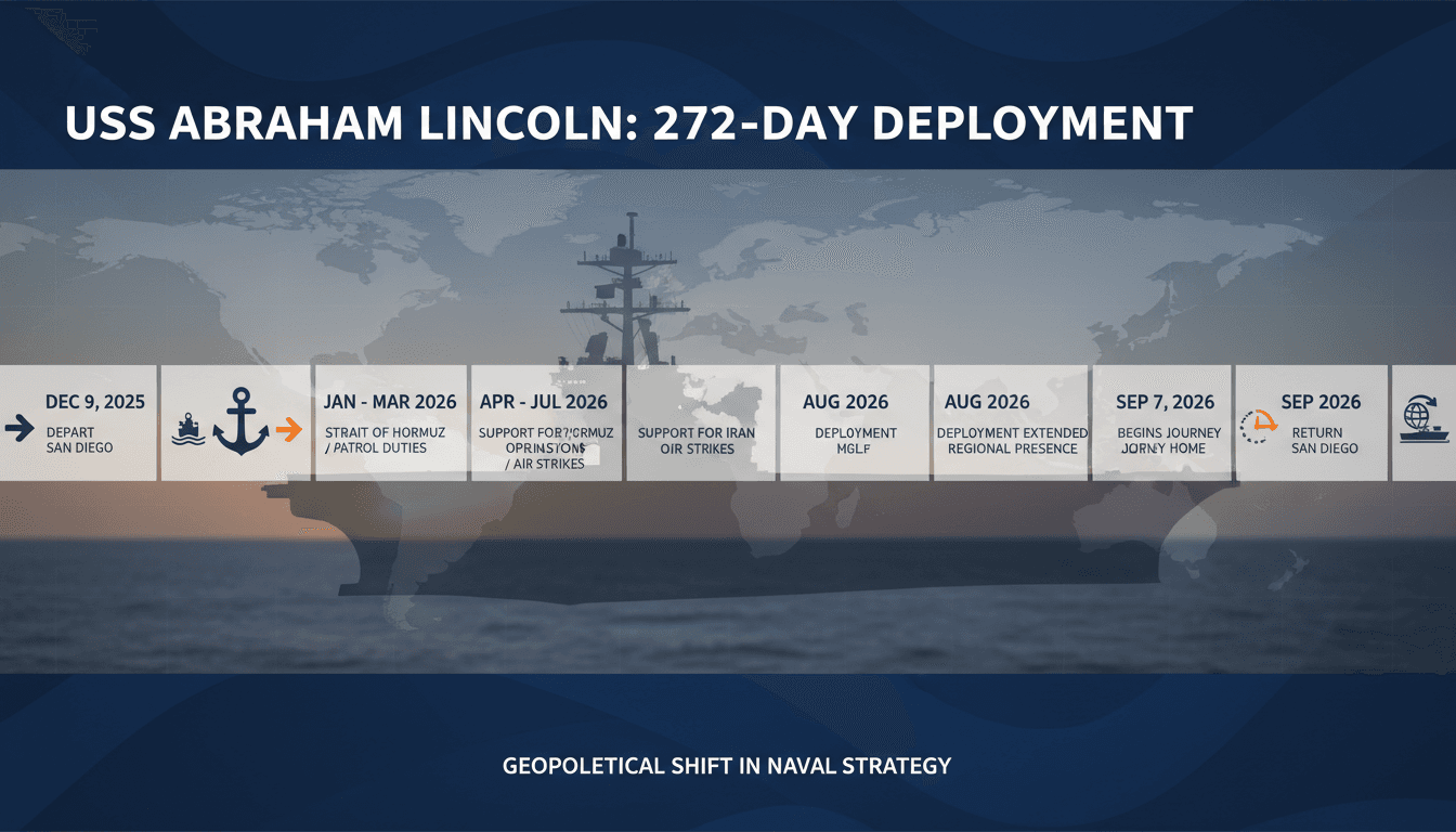 USS Abraham Lincoln aircraft carrier at sea during its record deployment supporting operations against Iran.