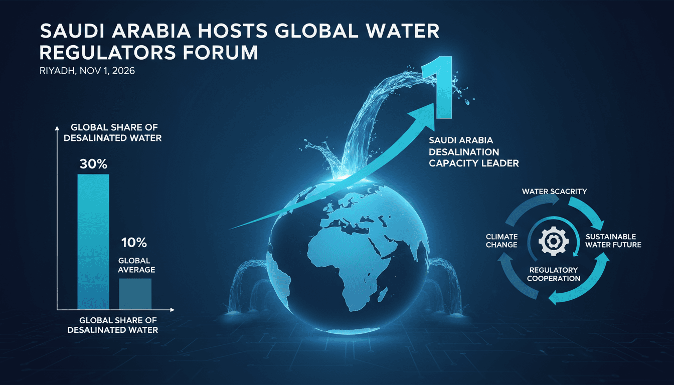 Infographic showing Saudi Arabia's desalination capacity and its role in global water regulation.