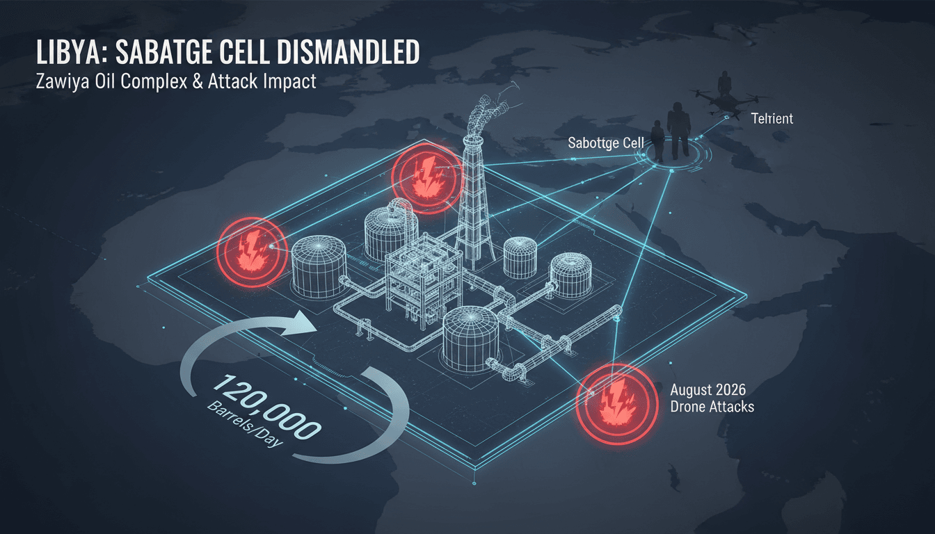 Infographic showing the Zawiya oil complex and its refining capacity, highlighting recent drone attack impacts.