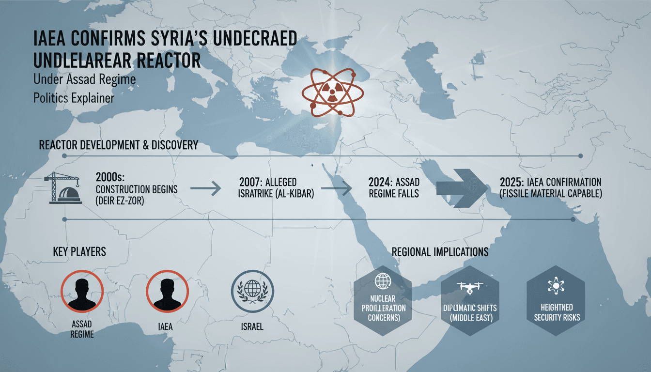 Infographic showing Syria's undeclared nuclear reactor timeline and implications for regional security.