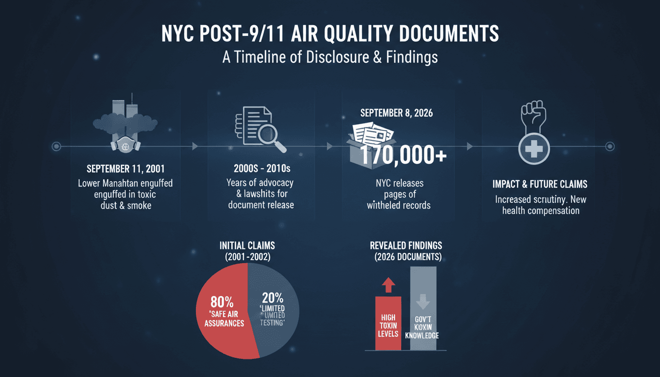 A graphic illustrating the release of 170,000 pages of air quality documents related to post-9/11 health risks.