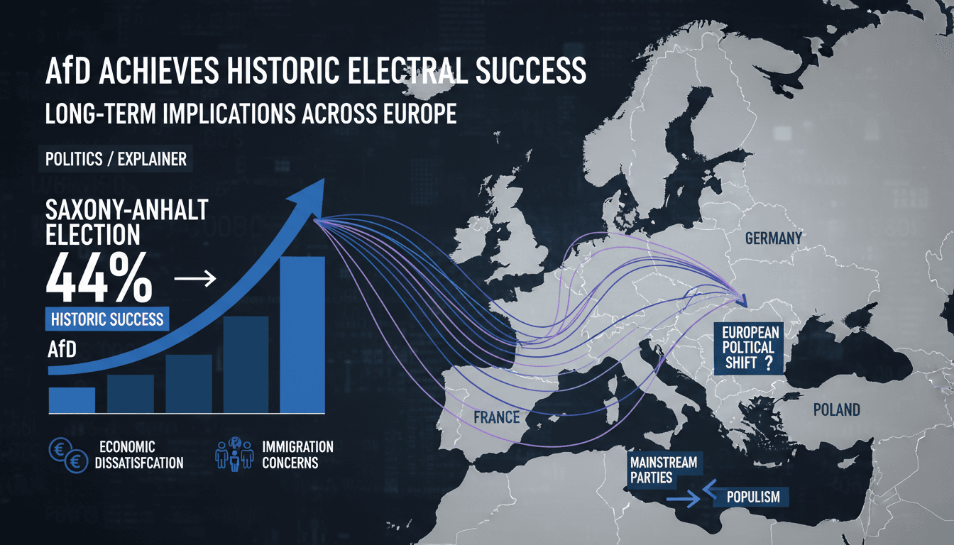 Infographic showing AfD's electoral rise in Saxony-Anhalt and its implications for German and European politics.