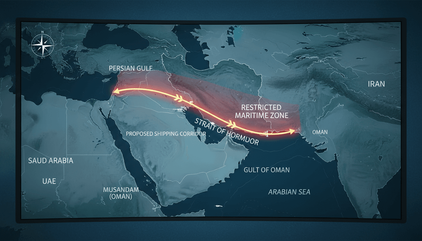 A map showing Iran's new maritime zone and the proposed shipping corridor through the Strait of Hormuz.