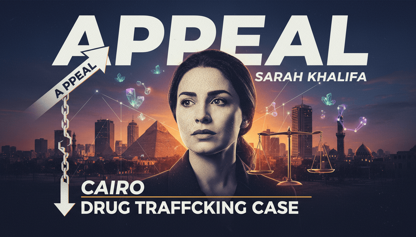 Egyptian TV presenter Sarah Khalifa in front of a Cairo backdrop, highlighting her appeal against a death sentence for drug trafficking.