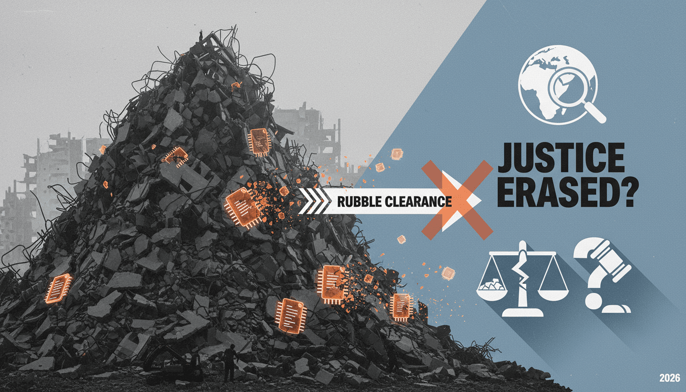 Infographic illustrating the scale of rubble in Gaza and its implications for evidence preservation.