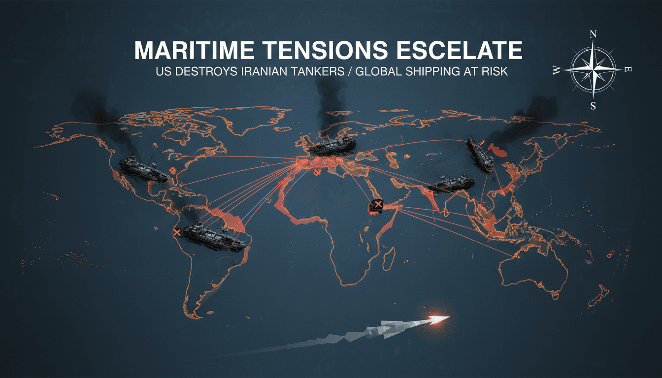 Infographic depicting the five disabled Iranian oil tankers and their implications for global shipping routes.