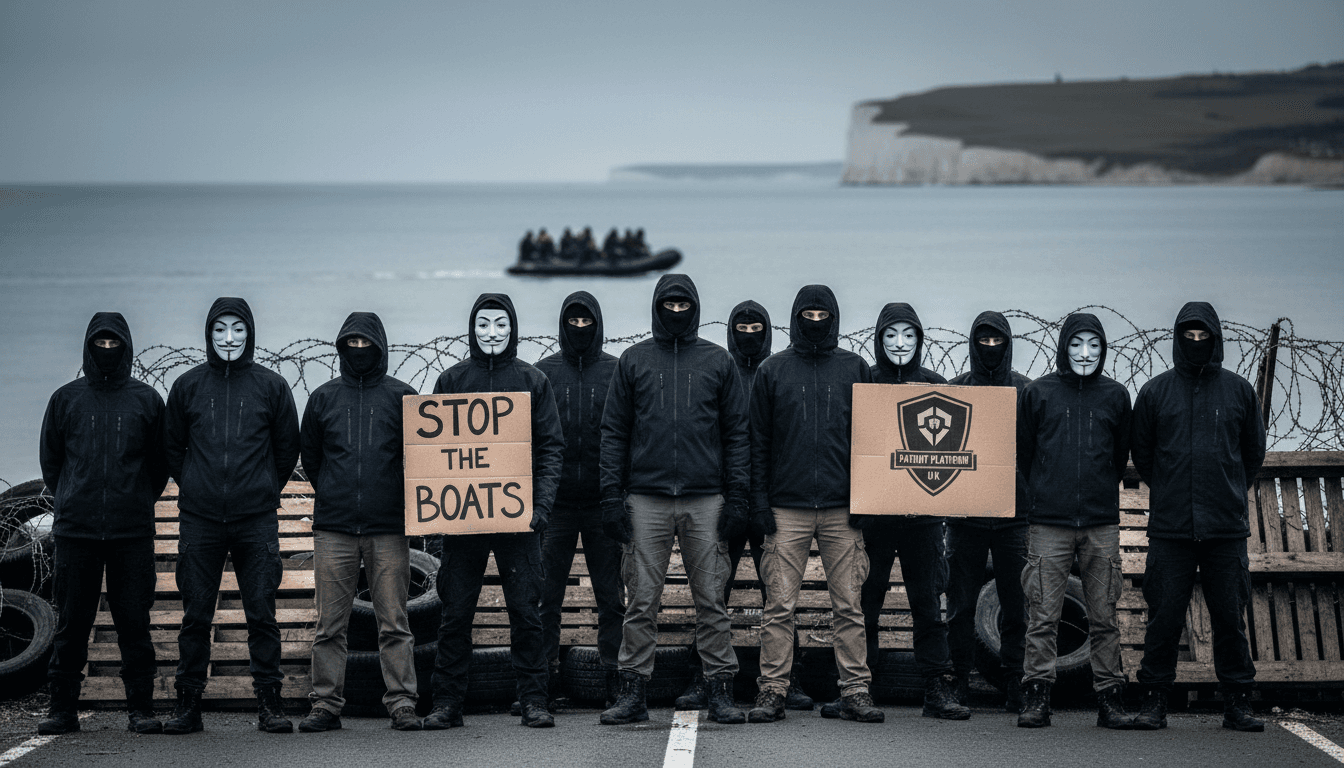 Protesters in black balaclavas blocking roads, highlighting the rise of vigilantism against migration.